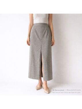 Vintage Wool Blend Micro-Check Midi Skirt US 6–8 Lined Front Slit